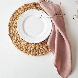 May include: A round, woven natural fiber placemat topped with a plain white ceramic plate and a folded dusty pink linen napkin. A delicate, dried brown plant stem with small seed heads extends over the top of the plate and napkin arrangement.