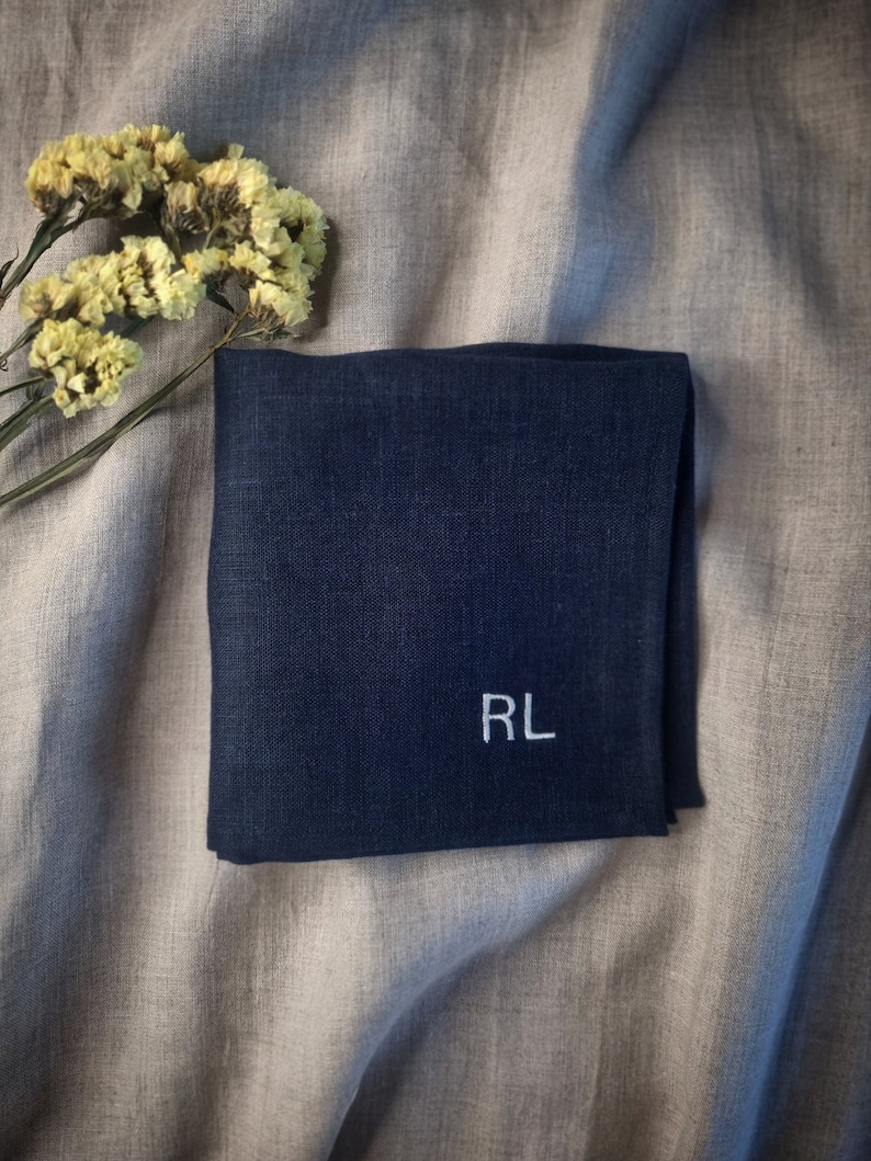 Embroidered Natural linen handkerchief Soft linen pocket square Perfect gift Pocket Square Handkerchief Personalized Handkerchief Navy Blue