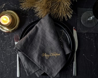 Embroidered Linen napkins | Embroidered Linen Christmas Napkins | Festive Holiday Table Decor | Rustic Christmas Dinner Napkins