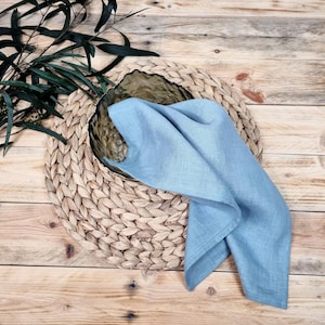 May include: A light blue linen napkin with a visible woven texture, draped over a dark, shallow bowl that sits atop a round, braided natural fiber placemat, accompanied by a sprig of dark green eucalyptus leaves with long, slender foliage.