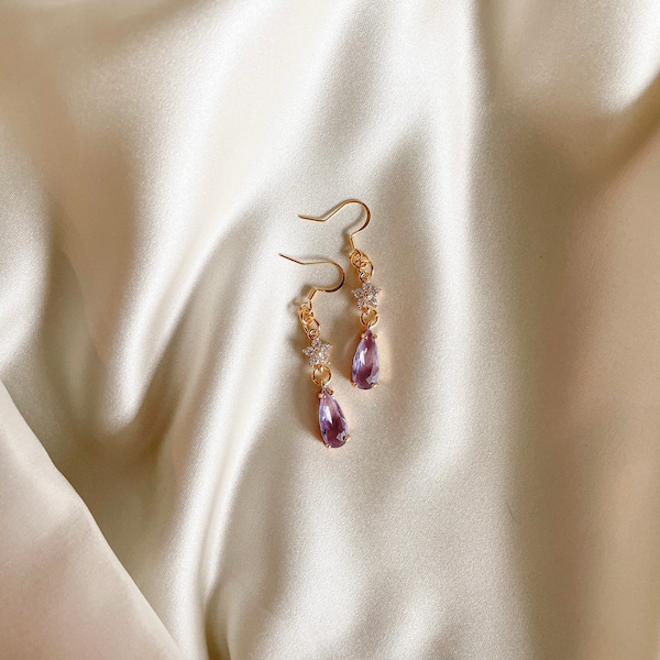 PRE-ORDER: Sophie- dangle - floral - crystal - charms - gold plated - minimalist- minimalism- drop earrings - howls moving castle - purple