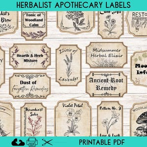 Etiquetas imprimíveis de boticário de ervas, etiquetas vintage de ervas para diários de lixo, livros de feitiços, scrapbooks de bruxaria, itens efêmeros de grimório