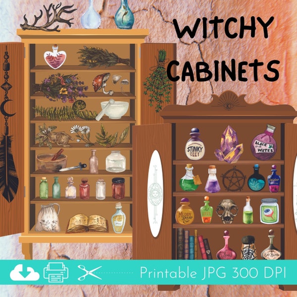 Printable Witch Cabinets Kit, Witchy Junk Journal Embellishments, Cabinet of Curiosities Ephemera, Witch Potion Bottles