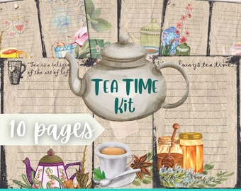 Tea Time Printable Junk Journal Kit, Scrapbooking Papers, Digital Journaling, Vintage Collage Sheets, Tea Party Journaling Sheets, Tea Cups