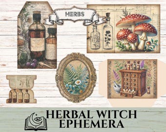 Kräuterhexe Ephemera Kit, druckbare Apothekertaschen & Tags, Witchcore Junk Journal Seiten, Grimoire Etiketten, Fussy Cuts PDF