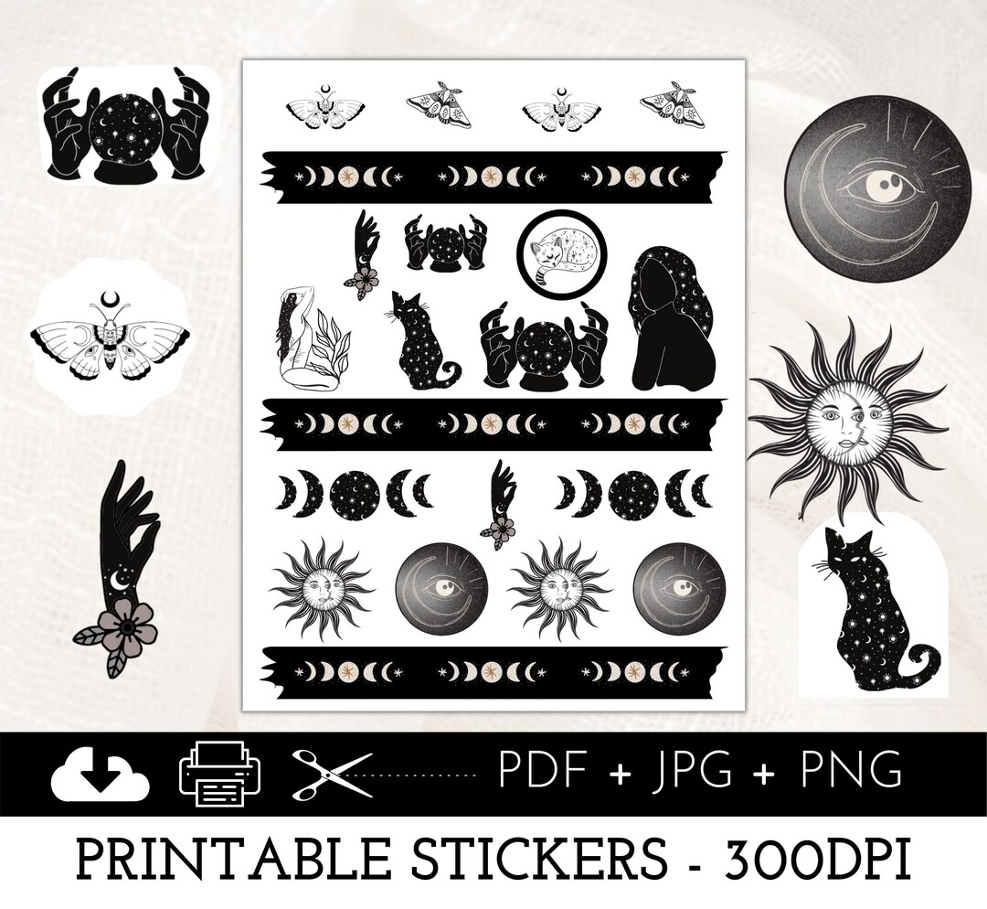 Witchy Printable Stickers Black and White, Cat Sticker Printable ...