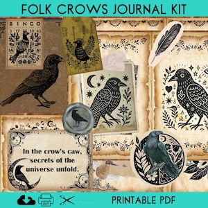 Crow Junk Journal Kit, Folk Art Crow Printables, Vintage Ephemera, Mystical Journal Pages, Old World Printable Kit, Raven Theme