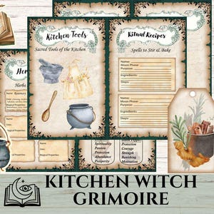 May include: A collection of printable grimoire pages featuring vintage-style parchment backgrounds with dark green borders. The pages display illustrations of a mortar and pestle, a cauldron, a wooden spoon, and an apron, alongside text fields for kitchen tools and ritual recipes.