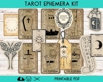 Kit de itens efêmeros de tarô para impressão, páginas de diário de tarô, clipart vintage de bruxa, etiquetas, cartões e rótulos, download em PDF, carta dos EUA, A4