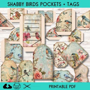 Afdrukbare Shabby Birds-zakken en -tags voor junkjournaling, pdf van 10 pagina's