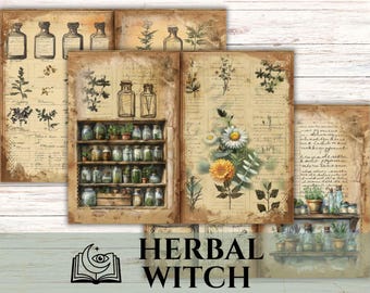 Páginas para diario de bruja herbaria, kit de firma de boticario, papel de grimorio botánico, herbario vintage, imprimible de bruja de la naturaleza