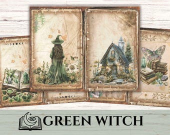 Pages de journal indésirable Green Witch, papier grimoire à base de plantes, sorcellerie botanique imprimable
