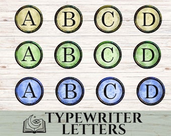 May include: Twelve circular typewriter letter designs, each with a different letter from A to D. The letters are in black, set against backgrounds of yellow, green, and blue. The words "TYPEWRITER LETTERS" are at the bottom.