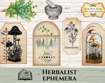 Folk Herbalist Ephemera Junk Journal Kit, druckbare Apothekerseiten, Witchy Scrapbook Papier, Pflanzenmagie Ephemera, Grüne Hexe Printables