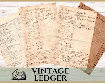 Antique Ledger Pages, 1800s Ephemera Kit, Junk Journal Collage Sheets