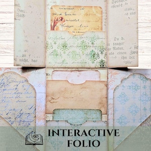 May include: A paper interactive folio featuring multiple pockets and flaps with vintage-style ephemera, cursive handwriting, and green damask patterns. The design includes layered cardstock elements with aged, tea-stained textures and printed text.