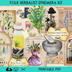 Kit de diário de itens efêmeros de herbalistas populares, páginas imprimíveis de boticário, papel de scrapbook de bruxa, itens efêmeros mágicos de plantas, itens imprimíveis de bruxa verde