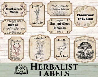 Etiquetas imprimibles para boticario de hierbas, frasco de hierbas vintage, pegatinas de grimorio botánico, magia de plantas de brujería, herbolario popular