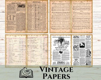 Peut inclure: Une collection de quatre feuilles de papier vintage présentant des textures vieillies aux tons sépia. Les pages affichent du contenu imprimé historique, notamment un calendrier, une partition musicale, des écritures manuscrites et une publicité J.C. Penney.