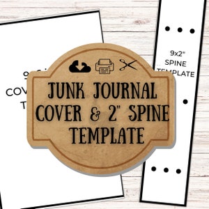 May include: A printable template for a junk journal cover and 2-inch spine. The template is 9 inches by 2 inches and includes icons for downloading, printing, and cutting.