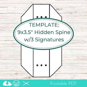 May include: Printable template for a 9x3.5 inch hidden spine book with three signatures. The template is a black and white outline of a book with three vertical lines and three dots.