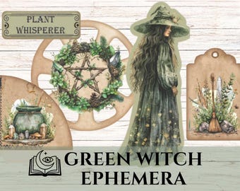 Grüne Hexe Ephemera Kit, Kräuter Tags & Etiketten zum Ausdrucken, Botanische Taschen und Fussy Cuts, Nature Witch Junk Journal