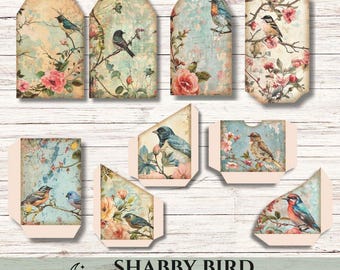 Artículos imprimibles de estilo shabby chic con motivos de pájaros, etiquetas y bolsillos de estilo shabby chic, kit para diario creativo con temática de pájaros vintage.