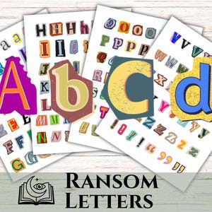 May include: Four white paper prints featuring ransom-style letters. The letters A, b, C, and d are highlighted in various colors. The background is a light wood grain. The text "RANSOM LETTERS" is at the bottom.