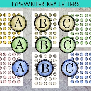 May include: The image shows multiple sets of typewriter key letters, with the text "TYPEWRITER KEY LETTERS" at the top. Each set features the letters A, B, and C in a circular design, with a vintage aesthetic. The background is a neutral grey.