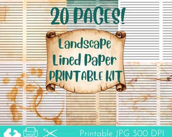 Printable Landscape Lined Paper, Vintage Junk Journal Kit, Digital Scrapbooking Paper, Coffee Stained Paper