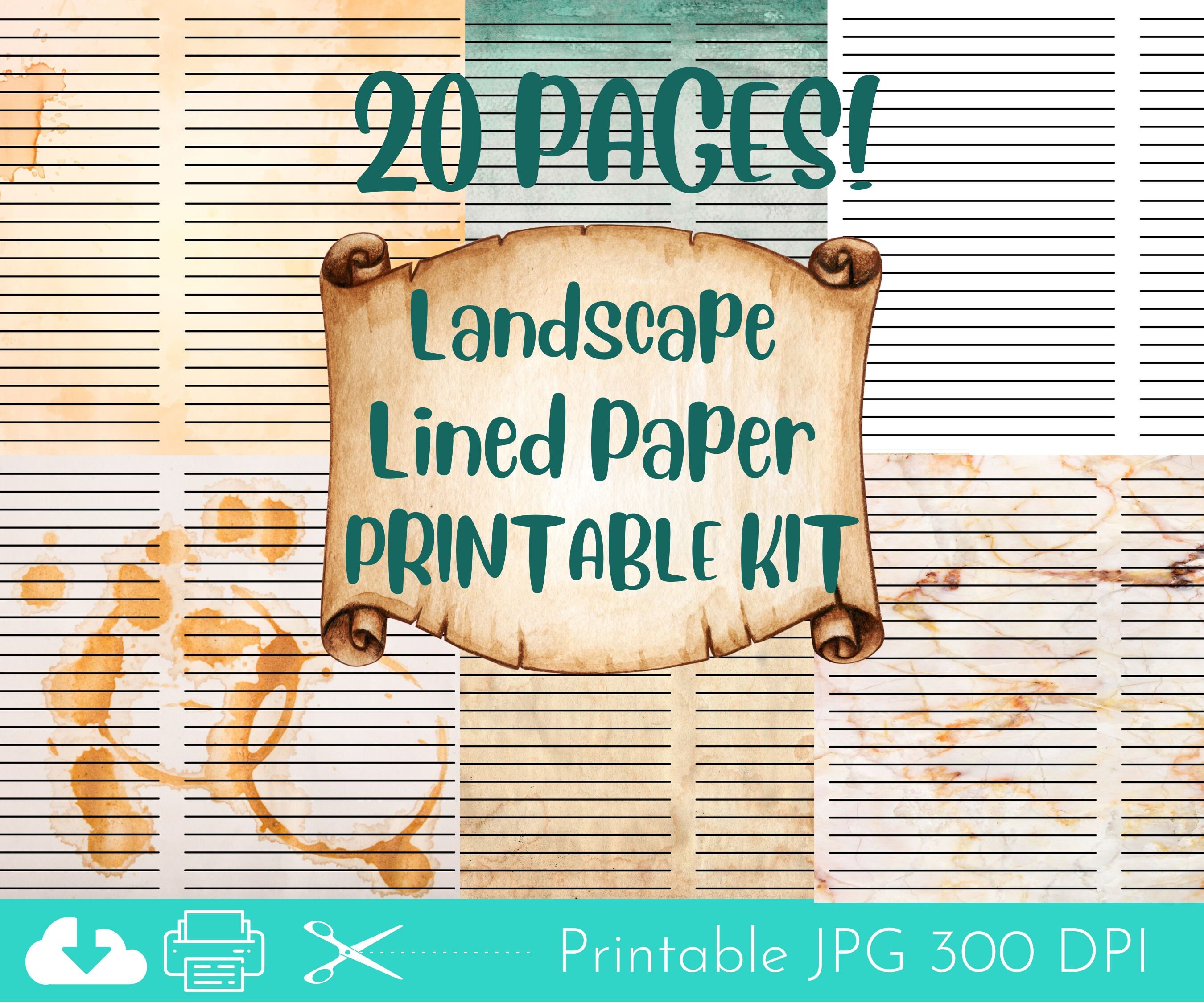 Printable Landscape Lined Paper, Vintage Junk Journal Kit, Digital