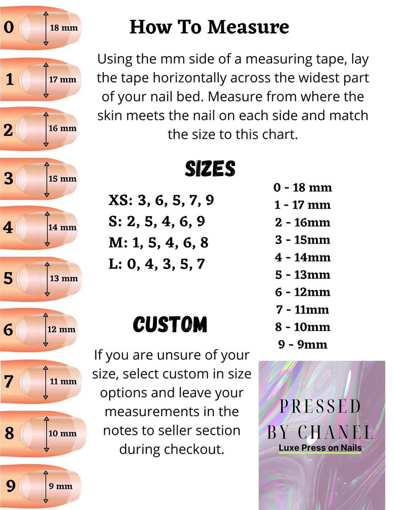 K&ouml;nnte beinhalten: Eine Anleitung zur Messung der Nagelgr&ouml;&szlig;en mit Millimeterangaben, die N&auml;gel mit Gr&ouml;&szlig;en von 9 mm bis 18 mm zeigt. Die Tabelle enth&auml;lt die Gr&ouml;&szlig;en XS, S, M und L. Das Bild enth&auml;lt auch den Text "PRESSED BY CHANEL Luxe Press on Nails."