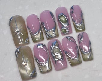 Luxus Chrome Swirl Drücken Sie auf die Nägel | Rosa und Grüne Katzenaugen-Nägel mit Silber 3D Design | Wiederverwendbare Gel Nägel | Handgefertigtes Nagelset