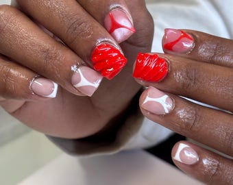 Rote abstrakte Presse auf den Nägeln | 3D strukturiertes & French Mix Design | Trendy glänzende Nagel-Set | Drücken Sie auf die Nägel | Kundenspezifische Größen