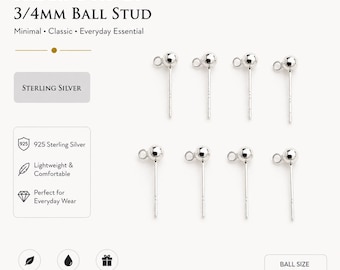 May include: Sterling silver 3/4mm ball stud earrings. The image shows eight silver ball stud earrings. The text on the image says "Sterling Silver", "Minimal, Classic, Everyday Essential", "925 Sterling Silver", "Lightweight & Comfortable", and "Hypoallergenic".