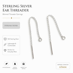May include: Sterling silver ear threader earrings. The earrings are minimalist and lightweight. The approximate length is 65mm. The text on the image says "Sterling Silver", "925 Sterling Silver", "Lightweight & Comfortable", and "Perfect for Everyday Wear".