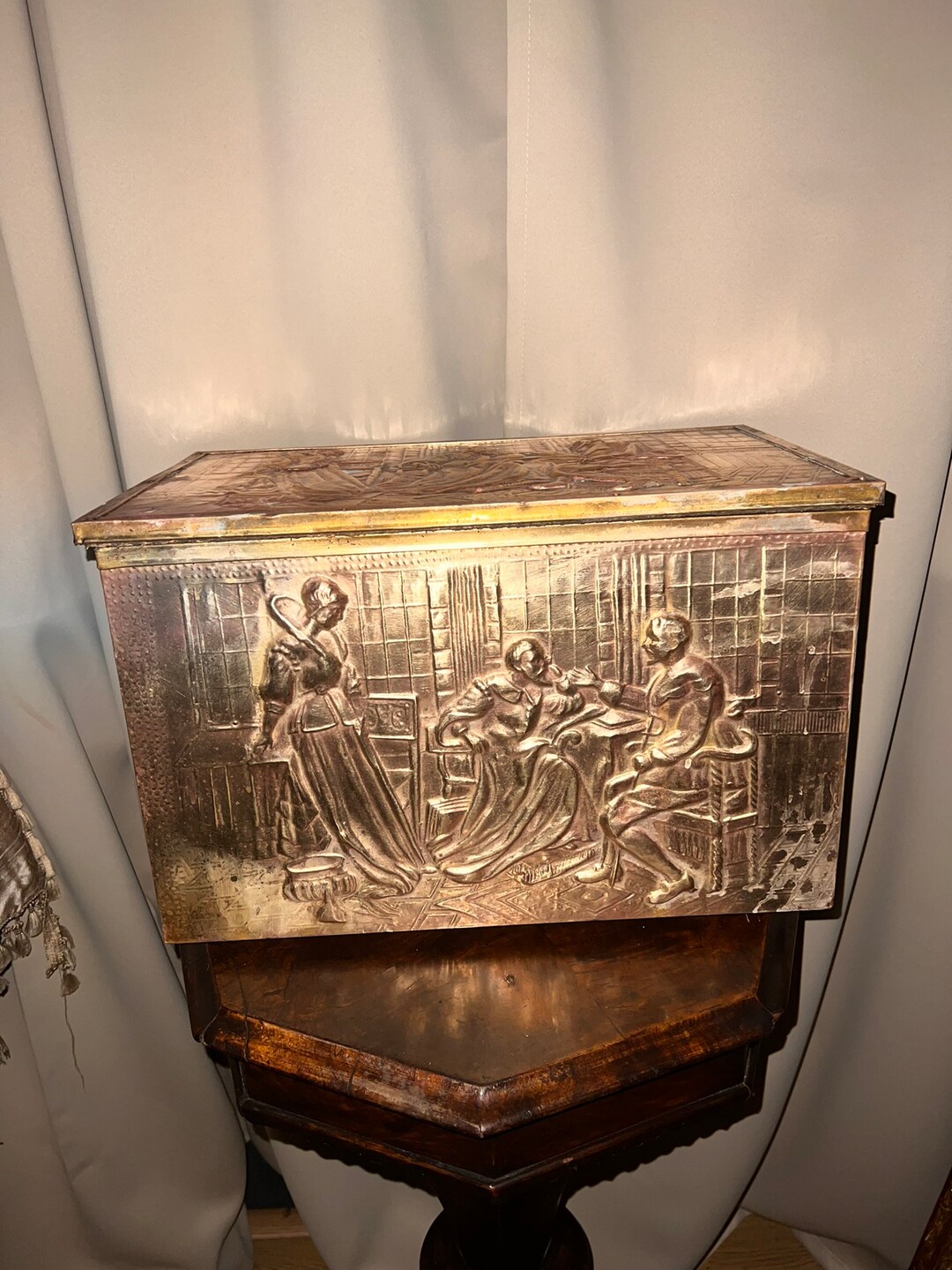 Vintage Brass Coal Box Large Embossed Middle Edges Scene Etsy UK