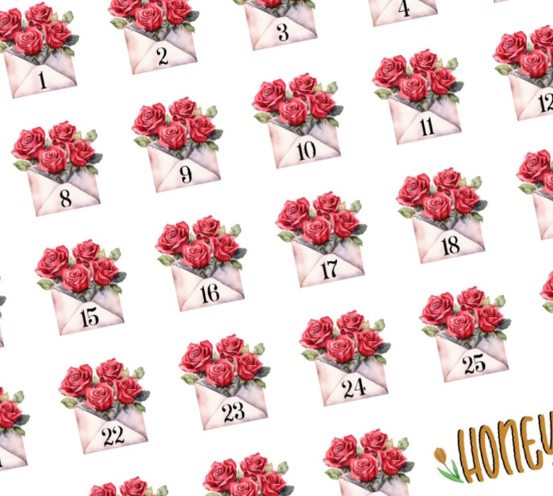 Rose Envelope Date Cover Stickers, Valentine Planner Stickers, Calendar