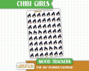 Chibi Girl Mood Trackers, Personalized Stickers, Emotion Emoji Heads Planner Stickers, Feelings Tracker Stickers