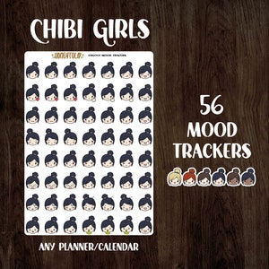Chibi Girl Mood Trackers, Personalized Stickers, Emotion Emoji Heads Planner Stickers, Feelings Tracker Stickers