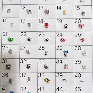 Può includere: Una griglia di piccoli ciondoli colorati con vari disegni di animali e oggetti. I ciondoli includono cani, gatti, gufi, impronte di zampe, cuori, case e altre forme carine. Questi ciondoli sono probabilmente per progetti di gioielleria o artigianato.
