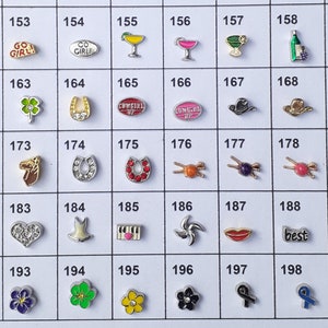 May include: A grid of 200 small charms, each in a different design. The charms are made of metal and feature a variety of colors, including gold, silver, red, blue, green, and black. The charms are arranged in a grid of 10 rows and 20 columns. The charms are all about 1 cm in diameter.