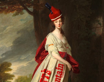 May include: A woman in a white dress with a red sash and a red hat with a black feather stands in a forest setting. The dress is covered in a white fabric with the words "Barratt's Sherbet fountain" printed in red.