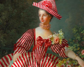 May include: A woman in a red and white striped dress with a red hat that says "Tunnock's" on it. She is sitting on a bench in a garden with a squirrel beside her. The dress has a large red circle with the words "Tunnock's Milk Chocolate Mallow Biscuit 24g" on it.