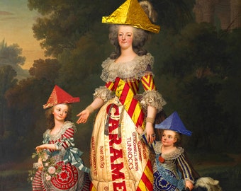 May include: A painting of three people wearing costumes made from candy wrappers. The woman in the center is wearing a yellow and red striped dress made from a Tunnock's Caramel wrapper. The two children are wearing red and blue striped dresses made from Tunnock's Chocolate Mallow wrappers. The painting is set in a park with a gazebo in the background.