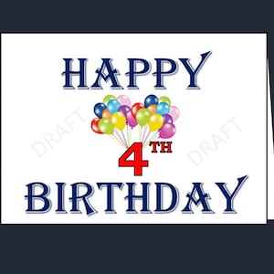 Happy 4th Birthday Card, Printable 4th birthday card, Happy Fourth Birthday, Instant download, Birthday card, Year 4, Fourth year