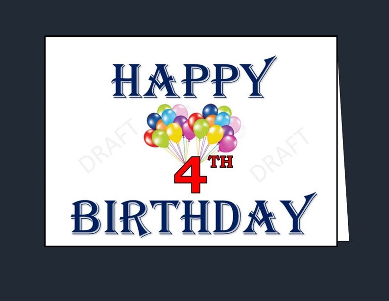 Happy 4th Birthday Card, Printable 4th Birthday Card, Happy Fourth