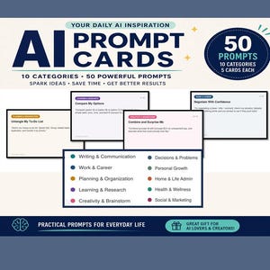 May include: A set of 50 AI prompt cards featuring 10 categories with 5 cards each. The packaging displays the text "AI PROMPT CARDS," "YOUR DAILY AI INSPIRATION," and "PRACTICAL PROMPTS FOR EVERYDAY LIFE." The cards are organized by color-coded topics.