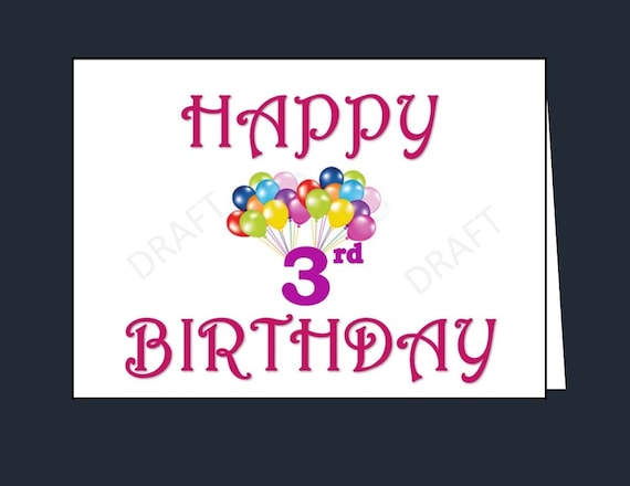 Happy 3rd Birthday Card Printable 3rd Birthday Card Happy | Etsy