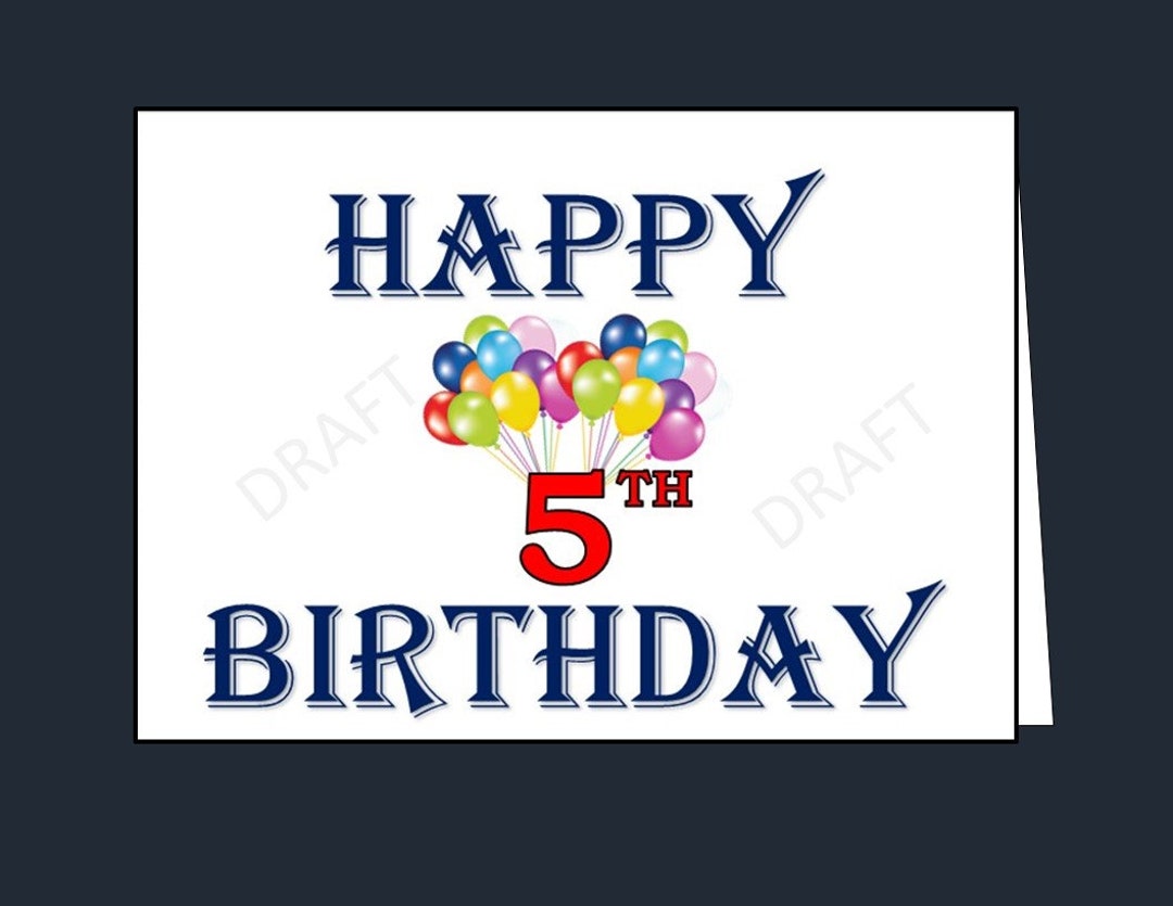 Happy 5th Birthday Card, Printable 5th Birthday Card, Happy Fifth